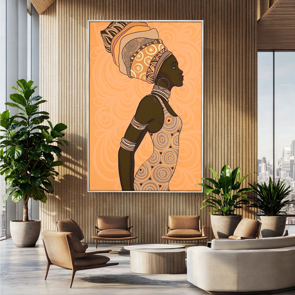 Tablou canvas cu tablou canvas portret femeie africana, in rama de aluminiu argintiu, pe perete intr-un birou